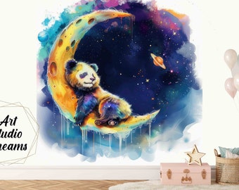 Papel pintado de pared no tejido, lavable y resistente, modelo único Panda en la luna 2