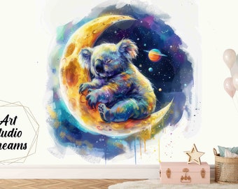 Papel pintado de pared no tejido, lavable y resistente, modelo único Koala en la luna