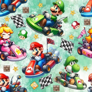 Mario-inspirierte Charakterstoffe aus Baumwolle, Jersey, Polyester oder French Terry, 1 Meterware Öko-Tex