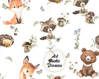 Forest animals, seamless pattern, fox pattern, bear, digital paper, digital, paper, seamless, watercolor, clipart, printable 1