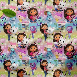 Tessuti con personaggi ispirati al colorato gatto Gabby, cotone, jersey, poliestere o french terry 2 al metro Oeko-Tex