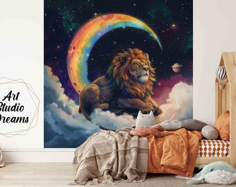 Papier peint mural intissé, lessivable et résistant modèle unique Lion sur la lune 2