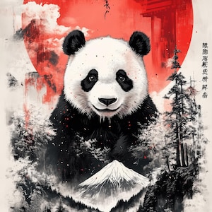 Peut inclure: Illustration d'un panda sur le thème japonais. Le panda est noir et blanc, sur fond de soleil rouge et de paysage montagneux. Des caractères japonais sont visibles dans l'image.