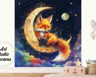 Vliesbehang, afwasbaar en slijtvast, uniek model Fox on the moon 3