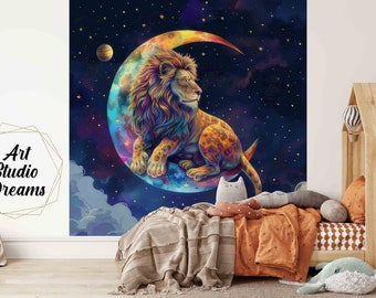 Papier peint mural intissé, lessivable et résistant modèle unique Lion sur la lune