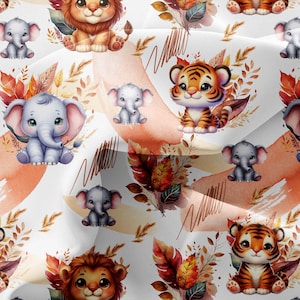 May include: A seamless pattern featuring watercolor illustrations of cute animals, including lions, tigers, and elephants. The animals are surrounded by autumn leaves and branches, creating a whimsical and colorful design.