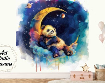 Papel pintado de pared no tejido, lavable y resistente, modelo único Panda en la luna