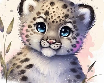 Cotton - Snow Leopard Panels Inspired by Watercolor Cushion Size