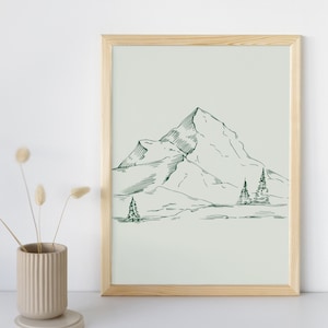 Puede incluir: Una impresión enmarcada de una ilustración dibujada a mano de una cordillera sobre un fondo verde claro. La cordillera está dibujada en líneas verde oscuro.