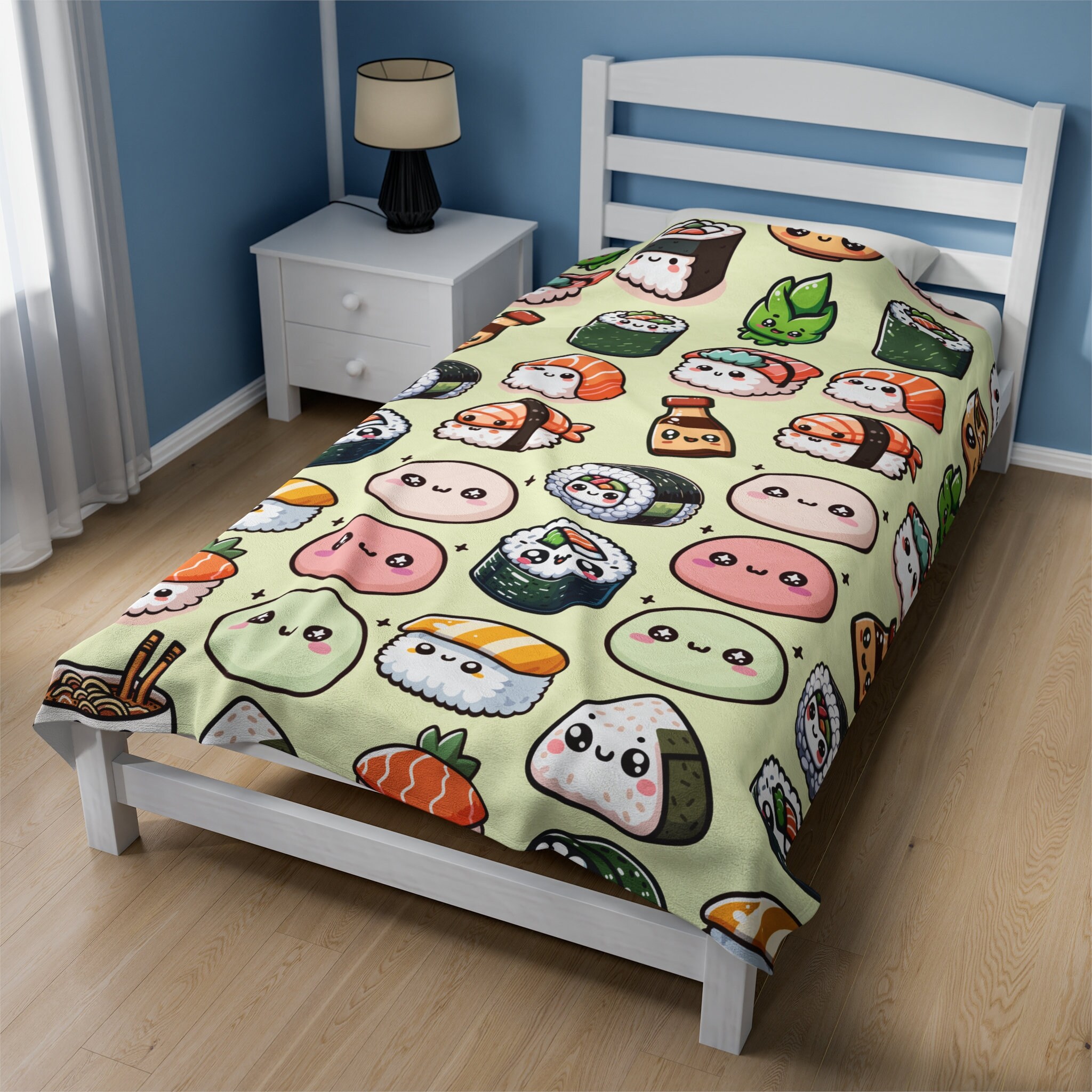 Sushi Plush Blanket, Japanese Kawaii Sushi Throw Blanket, Child's Sage Green Sushi Room Decor