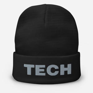 May include: Black beanie with a gray embroidered "TECH" on the cuff.