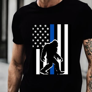 Thin Blue Line Bigfoot Short Sleeve Shirt - First Responder Bigfoot Shirt - Army Bigfoot Lover - Firefighter - Bigfoot Father&#39;s Day Gift