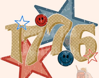 1776 Independence Day PNG digital download Fourth of July design, retro png, smiley design, checkered png, stars design, freedom, America pn