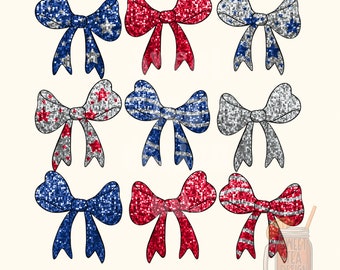 Patriotic Faux Sequin Coquette Bows - PNG - Fourth of July, dtf, transfer, shirt design, red white and blue, glitter, trendy
