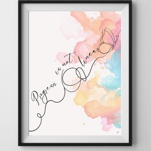 May include: A watercolor painting with a butterfly and the text "Progress is not linear" in black cursive.