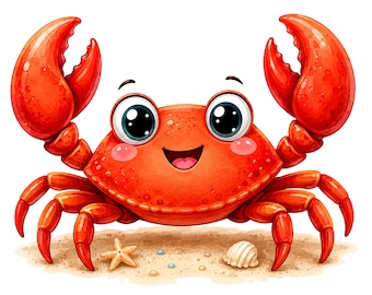 Cute Red Cartoon Crab Clipart for Beach Crafts, Summer Decor PNG SVG