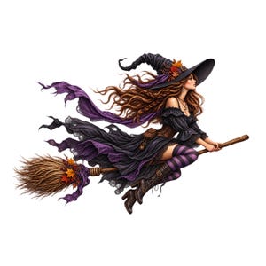 Witch Flying on a Broom with Flowing Hair for Halloween Crafts and Spooky Autumn Designs