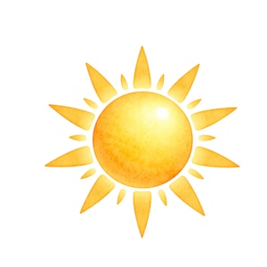 Op de afbeelding: Waterverfillustratie van een heldergele zon met een gradiënteffect. De zon heeft een centrale bol met uitstralende, puntige stralen. Het kunstwerk staat tegen een schone witte achtergrond en creëert een vrolijk en levendig beeld.