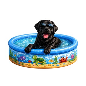 Può includere: Un Labrador retriever nero con occhiali da sole neri seduto all'interno di una piscina gonfiabile blu rotonda. L'esterno della piscina presenta una colorata illustrazione a cartoni animati di un fondale sabbioso con una tartaruga e un granchio.