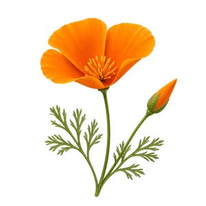 Puede incluir: Ilustración de una amapola de California. La flor naranja brillante tiene un centro detallado y un capullo cerrado. El tallo verde sostiene la flor y el capullo, con delicadas hojas verdes.