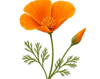 California Poppy Clipart: Orange Flower, Green Leaves (PNG, SVG Files)