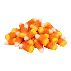 May include: A pile of candy corn pieces, each featuring a distinct triangular shape with a pointed top. The candies are colored in horizontal bands of white at the tip, orange in the middle, and yellow at the base, creating a uniform appearance.