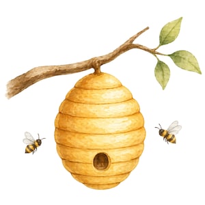 Könnte beinhalten: Aquarell-Illustration eines gelben Bienenstocks, der an einem Ast mit grünen Blättern hängt. Zwei Bienen mit schwarz-gelben Streifen fliegen in der Nähe des Bienenstocks, der eine runde Öffnung hat.