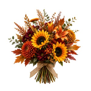 Pode incluir: Um buquê de flores com girassóis amarelo-brilhantes, dálias bordô profundas, lírios laranja e crisântemos cor de ferrugem. O arranjo inclui folhas de bordo em tons de outono, folhagem verde e pequenas bagas, atado com uma fita de juta bege.