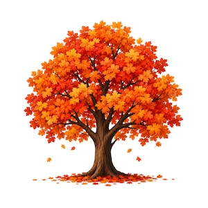 May include: A vibrant illustration of a tree in autumn. The tree features a thick, brown trunk and branches laden with orange and red maple leaves. Fallen leaves are scattered at the base, creating a colorful seasonal scene.