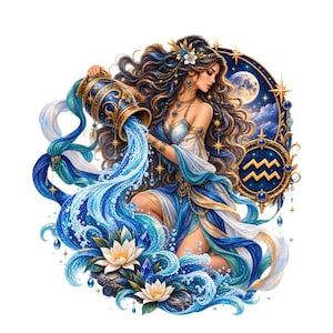 May include: An illustration of the Aquarius zodiac sign featuring a figure with long wavy hair pouring water from an ornate blue and gold vessel. The scene includes flowing blue water, white lotus flowers, a full moon, and the Aquarius symbol.