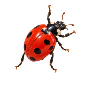 Puede incluir: Una mariquita con un caparazón redondeado de color rojo brillante que presenta siete puntos negros distintos. El insecto tiene una cabeza negra con marcas blancas, dos antenas finas y seis patas negras con puntas en forma de garra.