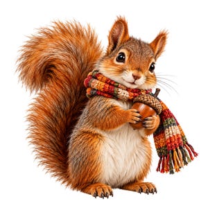 May include: A fluffy red squirrel with a large, bushy tail, wearing a multi-colored knit scarf with orange, yellow, and brown stripes. The squirrel is holding a brown acorn with a textured cap in its front paws, looking forward with dark eyes.