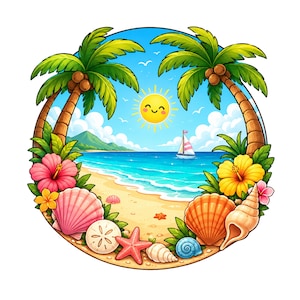 May include: A circular illustration of a tropical beach scene featuring two palm trees, a smiling yellow sun, a sailboat on blue water, and a sandy shore decorated with pink and yellow hibiscus flowers, various seashells, and a red starfish.