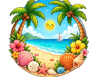 Cute Cartoon Beach Scene Clipart with Palm Trees and Seashells PNG SVG