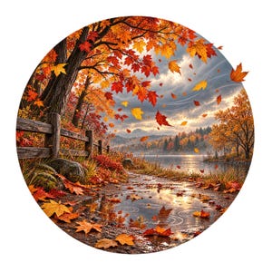 Peut inclure: Une impression d'art mural circulaire représentant un paysage d'automne avec une clôture en bois le long d'un chemin couvert de feuilles d'érable rouges, orange et jaunes. Un lac calme reflète le ciel nuageux, tandis que des feuilles volent.
