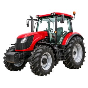 Può includere: Un trattore agricolo rosso brillante con griglia anteriore nera, grandi pneumatici in gomma nera con battistrada profondo, cerchi argentati e una cabina in vetro completamente chiusa. Il veicolo include un tubo di scarico nero e un lampeggiante arancione.