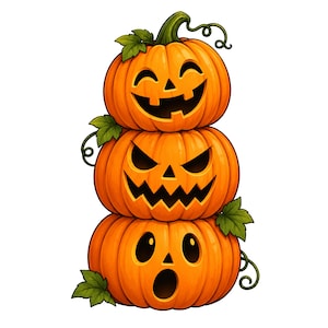 Puede incluir: Una pila vertical de tres calabazas naranjas con caras talladas. La calabaza superior tiene una expresión alegre, la del medio presenta una sonrisa dentada y enfadada, y la inferior tiene una expresión de sorpresa. Hojas y zarcillos verdes decoran los lados.