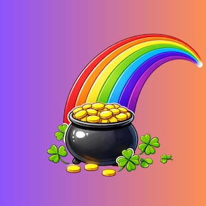 May include: A cartoon image featuring a black pot overflowing with gold coins, beneath a vibrant rainbow. Green shamrocks and scattered gold coins are set against a purple to orange gradient background.