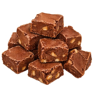 May include: A watercolor illustration of a pile of chocolate fudge squares with visible nuts. The fudge is a rich brown color, and the nuts are a light tan. The image is set against a white background.