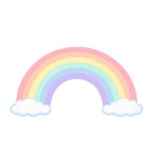 Peut inclure: Illustration d'un arc-en-ciel pastel avec des arches roses, jaunes, vertes, bleues et violettes. Des nuages blancs et moelleux avec des contours bleus se trouvent à chaque extrémité de l'arc-en-ciel, sur fond blanc. Idéal pour les produits pour enfants.