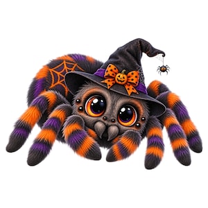 May include: A fuzzy spider with large orange eyes, wearing a black witch hat adorned with an orange polka-dot bow and a small pumpkin. The spider has black, orange, and purple striped legs and a spiderweb pattern on its back, with a tiny spider.