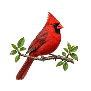 May include: A striking red cardinal bird perched on a branch with green leaves. The bird features a prominent crest, black face, and a bright red beak. The image is set against a plain white background.