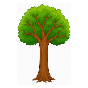 May include: A cartoon-style tree with a thick, textured brown trunk and a wide, rounded canopy of vibrant green leaves. The tree features several visible brown branches extending outward into the foliage, creating a symmetrical silhouette.