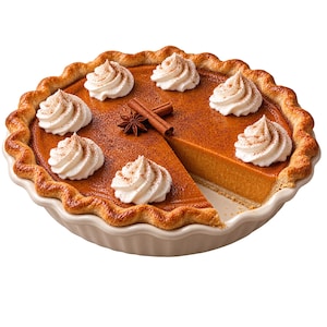 Puede incluir: Una tarta de calabaza en un plato de cerámica estriado con una corteza dorada y ondulada. El relleno naranja está cubierto con siete remolinos de nata montada blanca, un anís estrellado y dos ramas de canela. Se ha retirado una porción.
