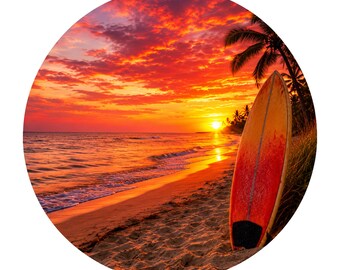 Tropischer Strand Sonnenuntergang mit Surfbrett PNG SVG Clipart für Sommer Handwerk, Küstenlandschaft, Urlaubs Dekor, Sublimationsdesign