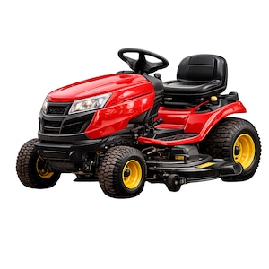 May include: A red ride-on lawnmower with a black seat, steering wheel, and front grill. The mower has yellow wheels and large, textured tyres. Headlights are visible on the front.