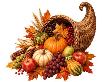 Watercolor Cornucopia Clipart for Thanksgiving Crafts Fall Decor Stickers and Sublimation