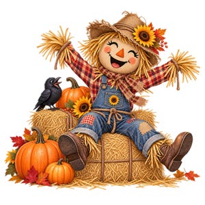 May include: A scarecrow figure with a straw hat, red plaid shirt, and blue denim overalls sits on a hay bale. The figure features a sunflower, orange pumpkins, and a black crow. The overalls have patches, and the scarecrow has straw hands.