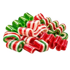 May include: A collection of ribbon candies featuring translucent red, green, and white stripes. Each piece is shaped into a continuous, folded wave pattern with a glossy finish, creating a festive assortment of colorful, curved hard candy shapes.