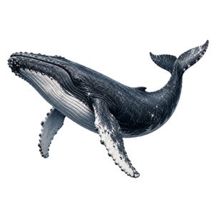 Puede incluir: Una ballena jorobada con el dorso de color gris oscuro y negro y el vientre blanco con surcos gulares prominentes. La ballena tiene aletas pectorales largas con tubérculos visibles en los bordes delanteros y una aleta caudal grande.